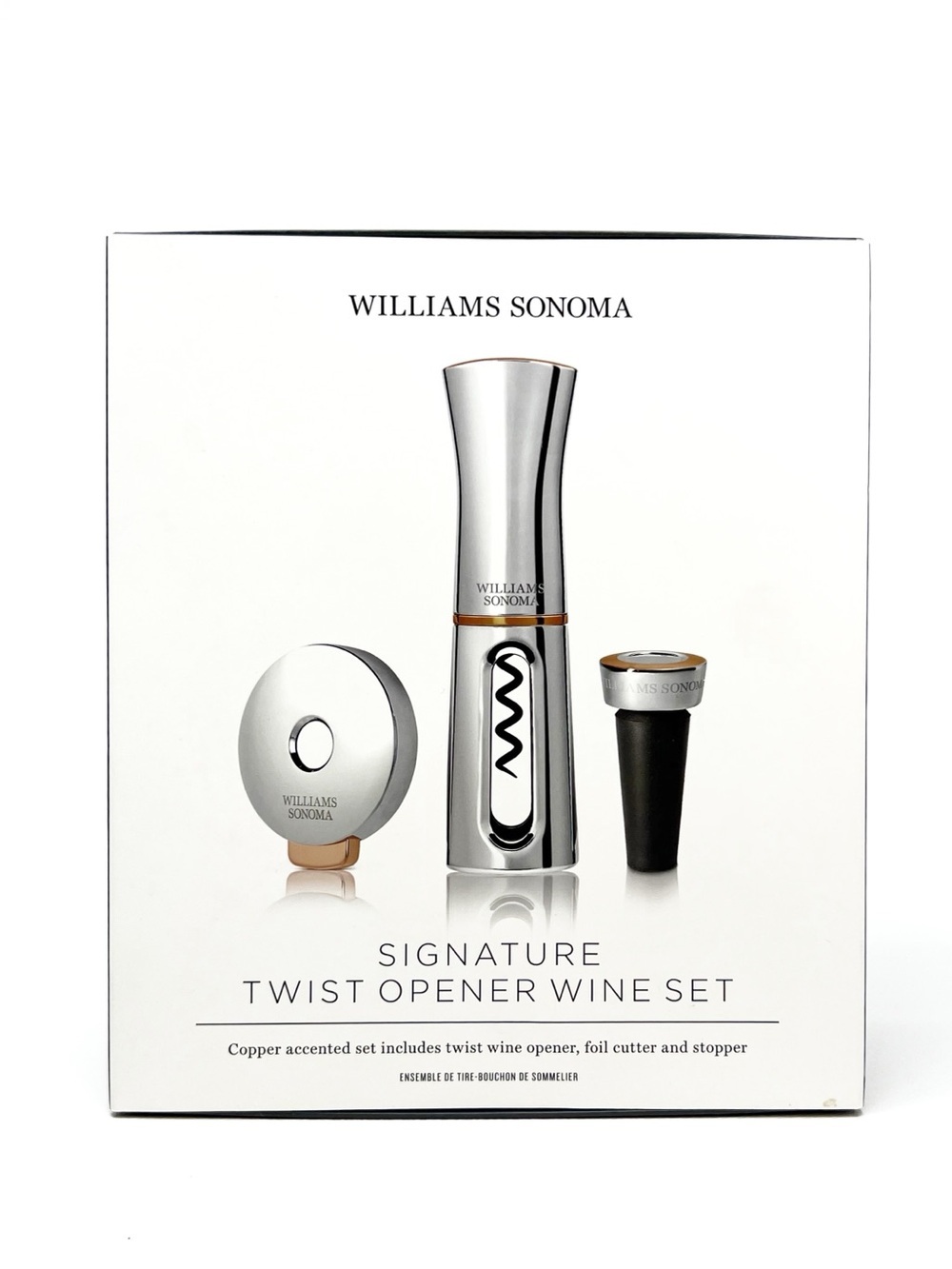 Williams Sonoma Twist Opener Wine Set Chrome & Copper Corkscrew Cutter Stopper